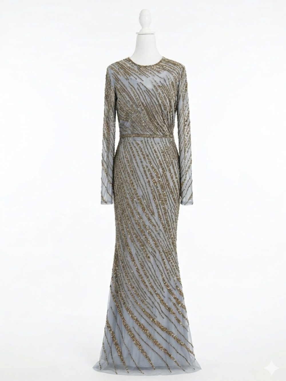 NWT MAC DUGGAL 5240 Evening Beaded Gown, Platinum Long Sleeve sz 8 - Picture 2 of 8